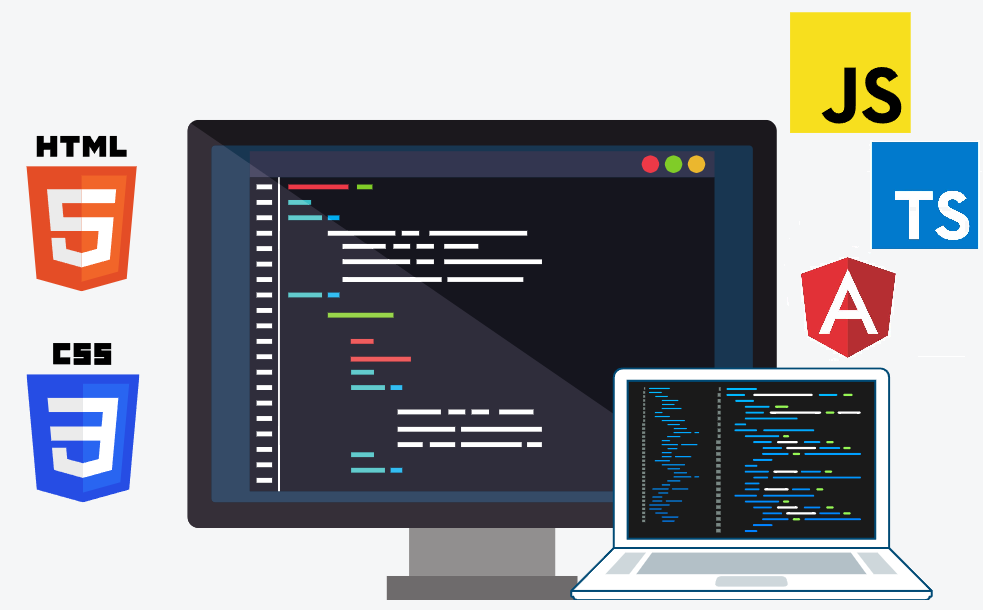 Monitor, laptop and logos of HTML, CSS, JavaScript, Typescript and Angular.